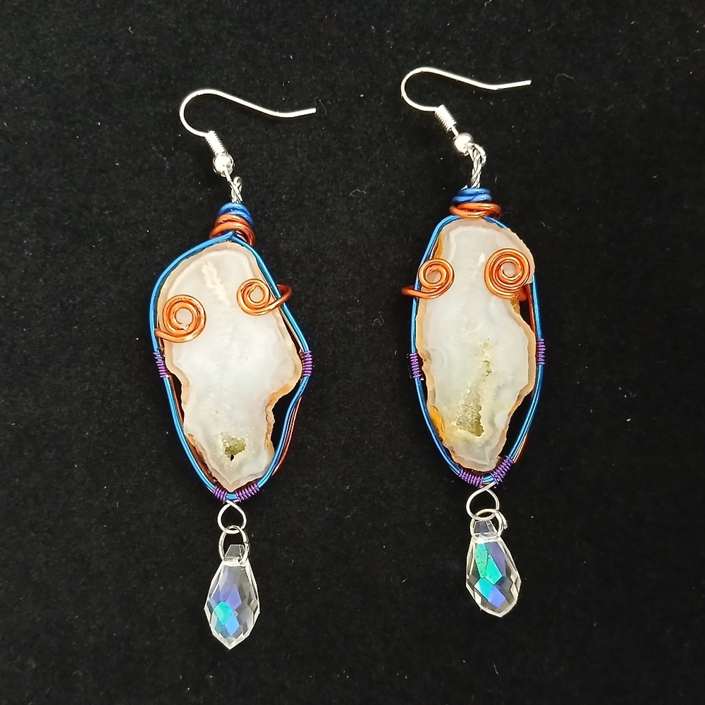 Wire wrapped agate geode dangle earrings with crystal teardrops new handmade